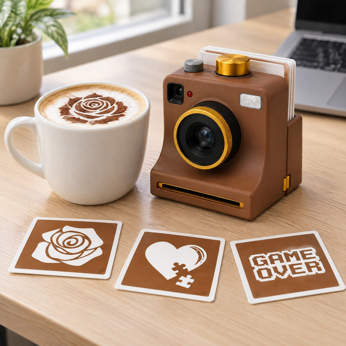 Brew Snap with stencil cards on an office desk